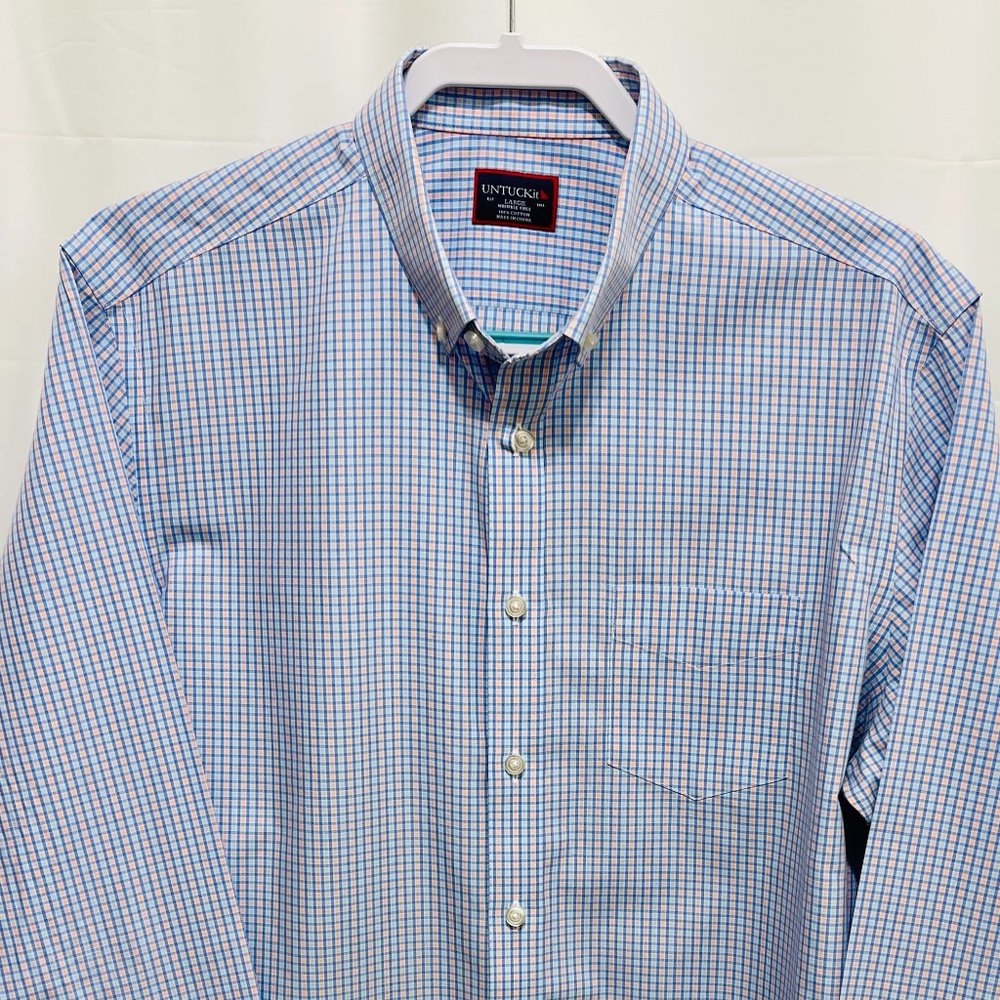 UNTUCKit Men’s Shirt, Size Large, Wrinkle Free,Blue Check, Cotton